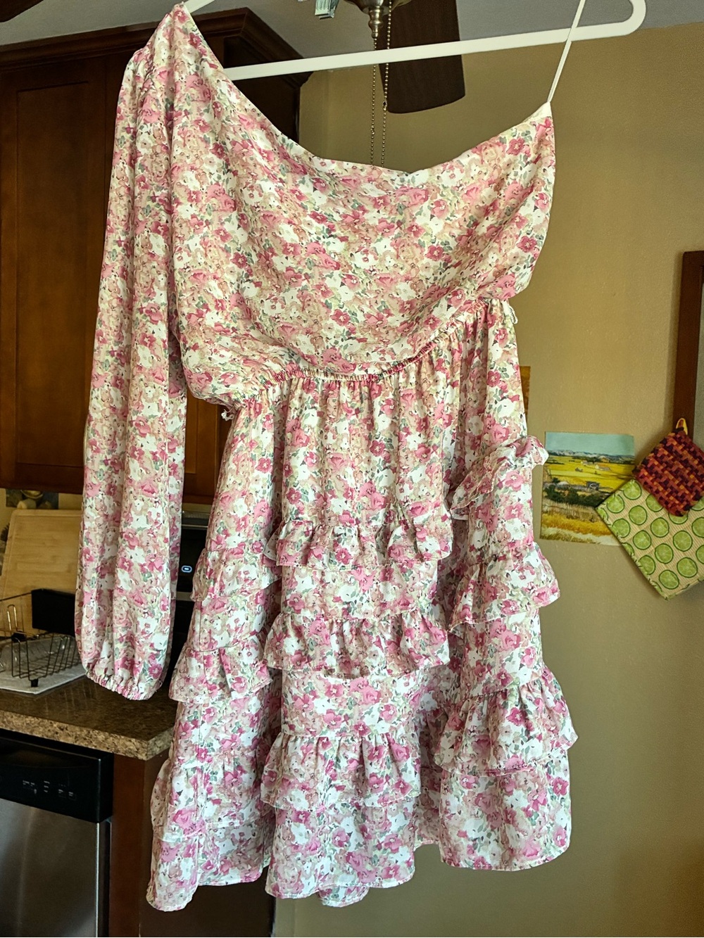 Lush Pink Floral One-Shoulder Ruffle Dress